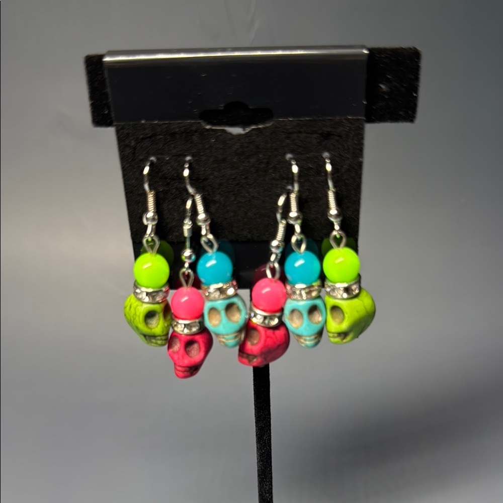 Vibrant Colorful Skull & Crystal Style Earrings - 3 Pair Set